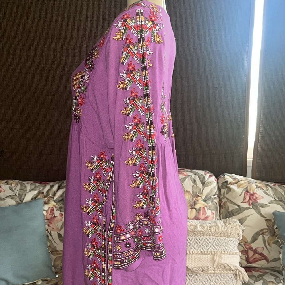 FREE PEOPLE Purple Linen Multicolored Embroidered Tunic Mini Dress Size XS - Picture 7 of 12